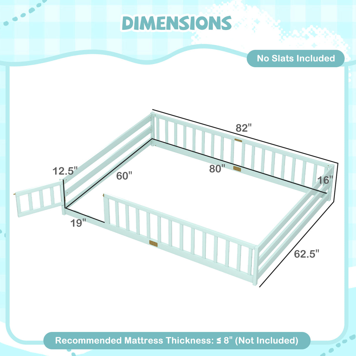 Queen Size Floor Bed Kids Montessori Bed Frame with Full Length Safety Guardrails-Green