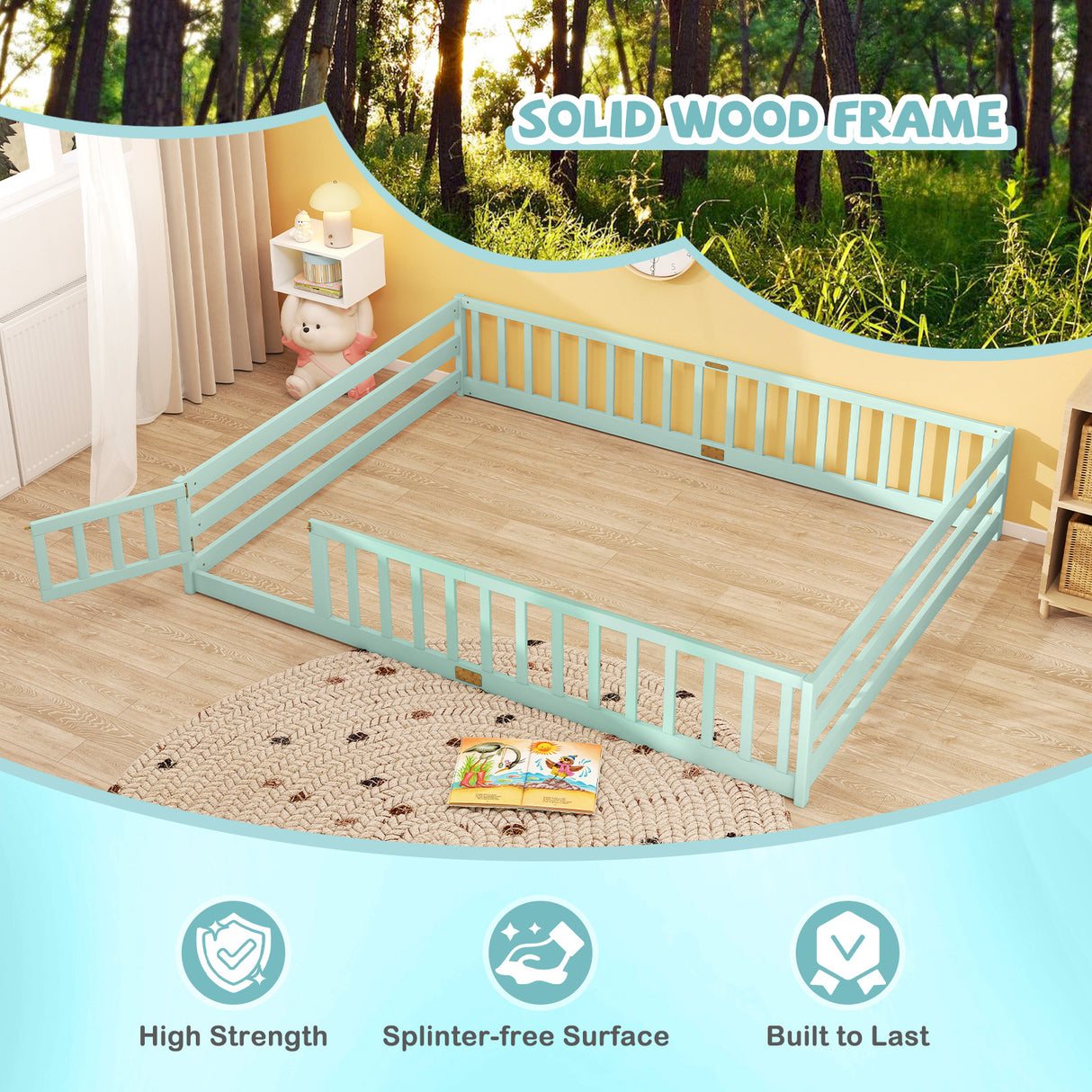 Queen Size Floor Bed Kids Montessori Bed Frame with Full Length Safety Guardrails-Green