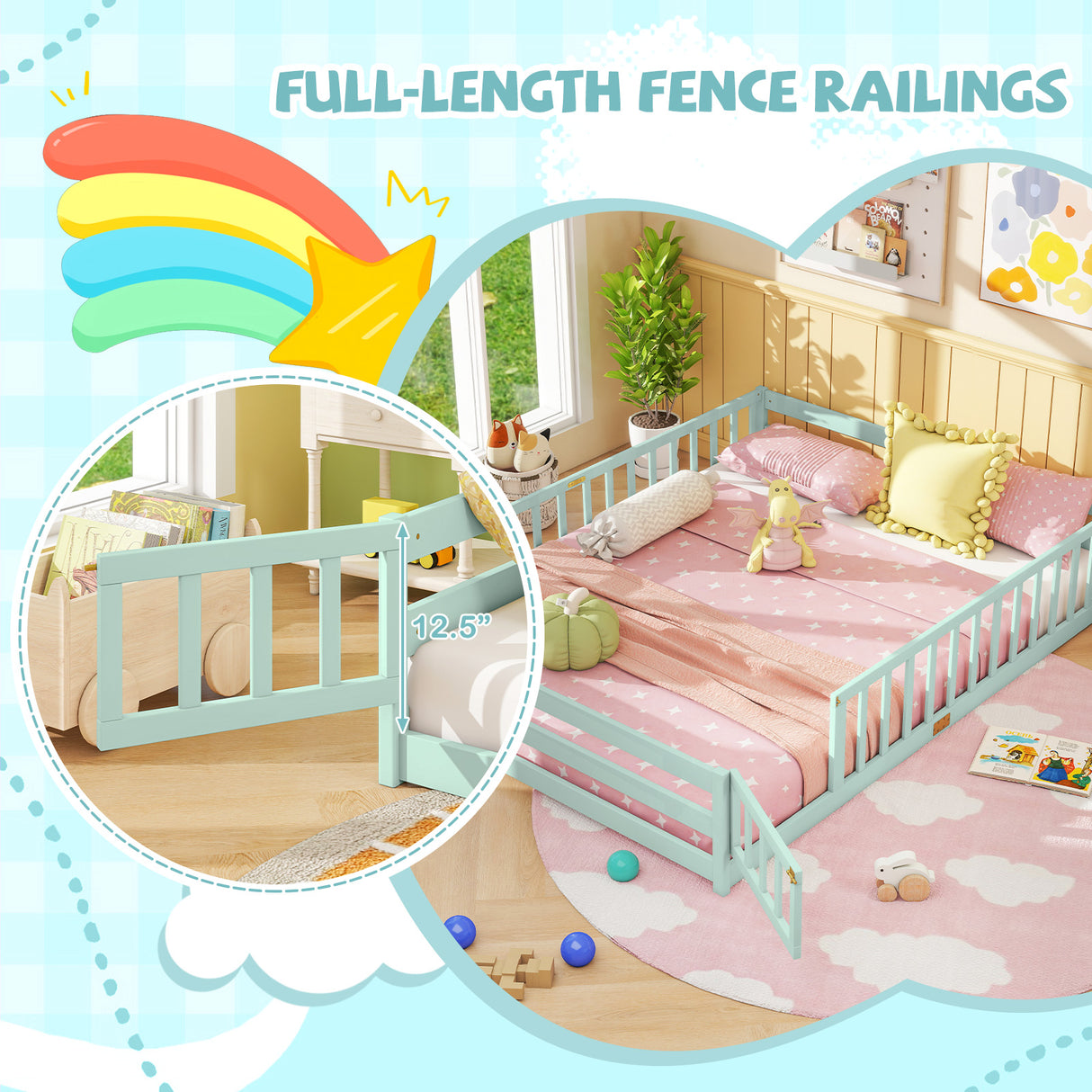 Queen Size Floor Bed Kids Montessori Bed Frame with Full Length Safety Guardrails-Green