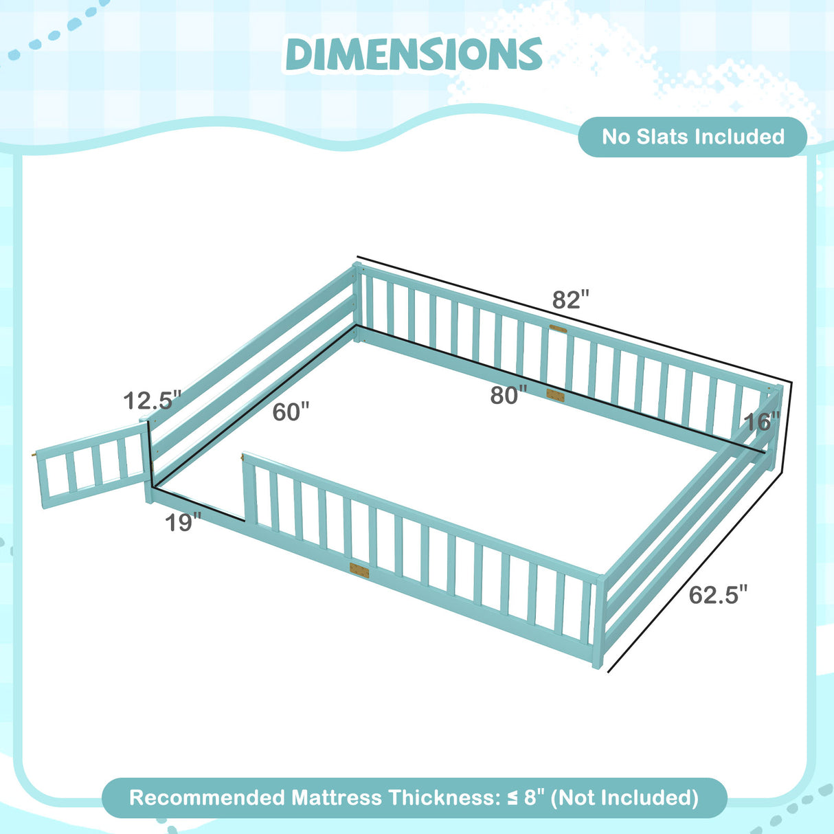 Queen Size Floor Bed Kids Montessori Bed Frame with Full Length Safety Guardrails-Dark Green