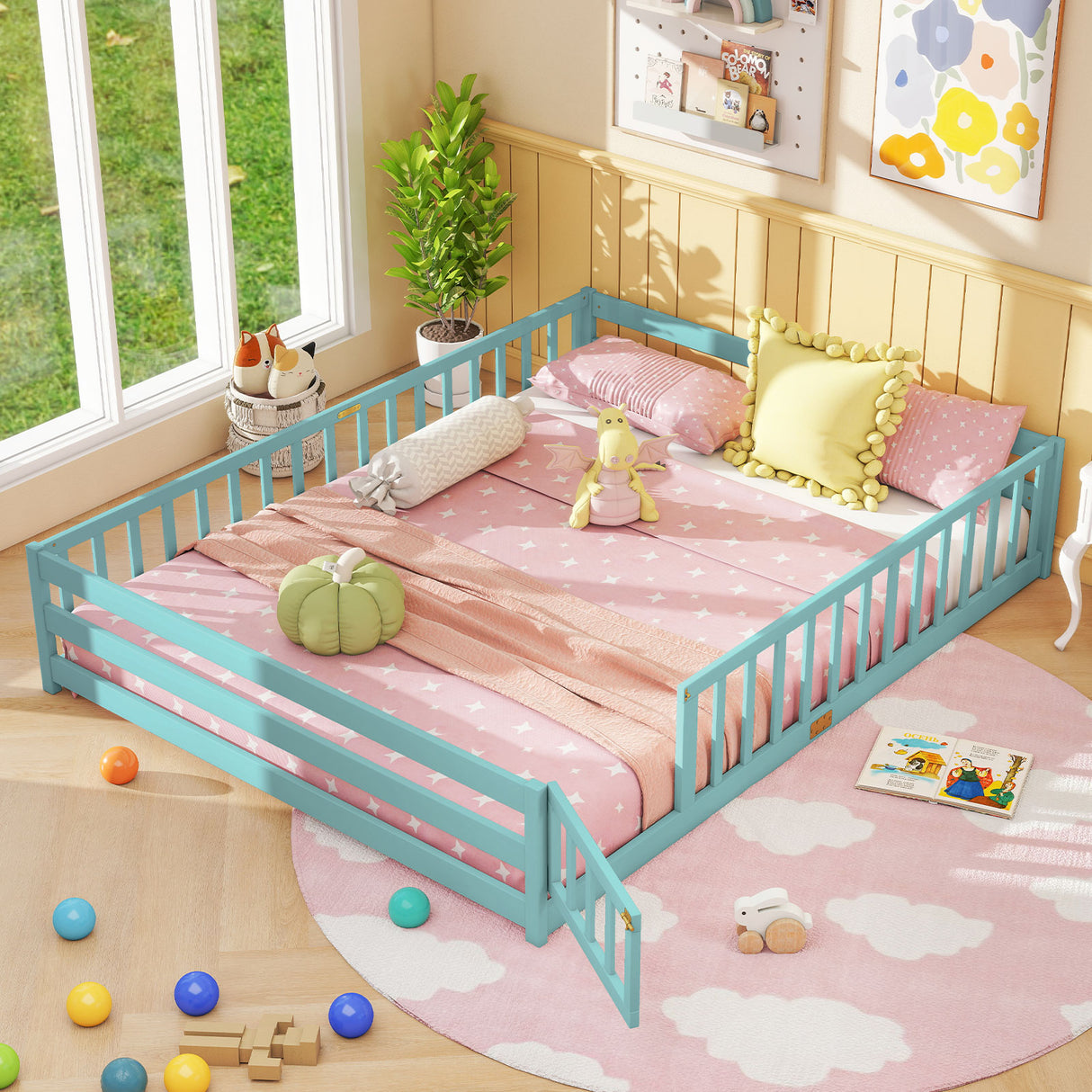 Queen Size Floor Bed Kids Montessori Bed Frame with Full Length Safety Guardrails-Dark Green