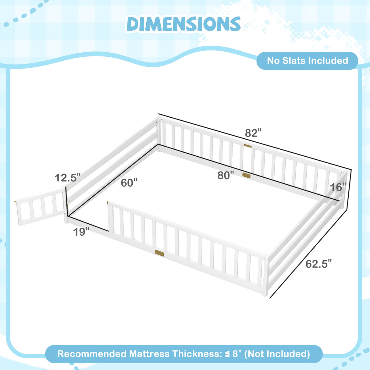 Queen Size Floor Bed Kids Montessori Bed Frame with Full Length Safety Guardrails-White