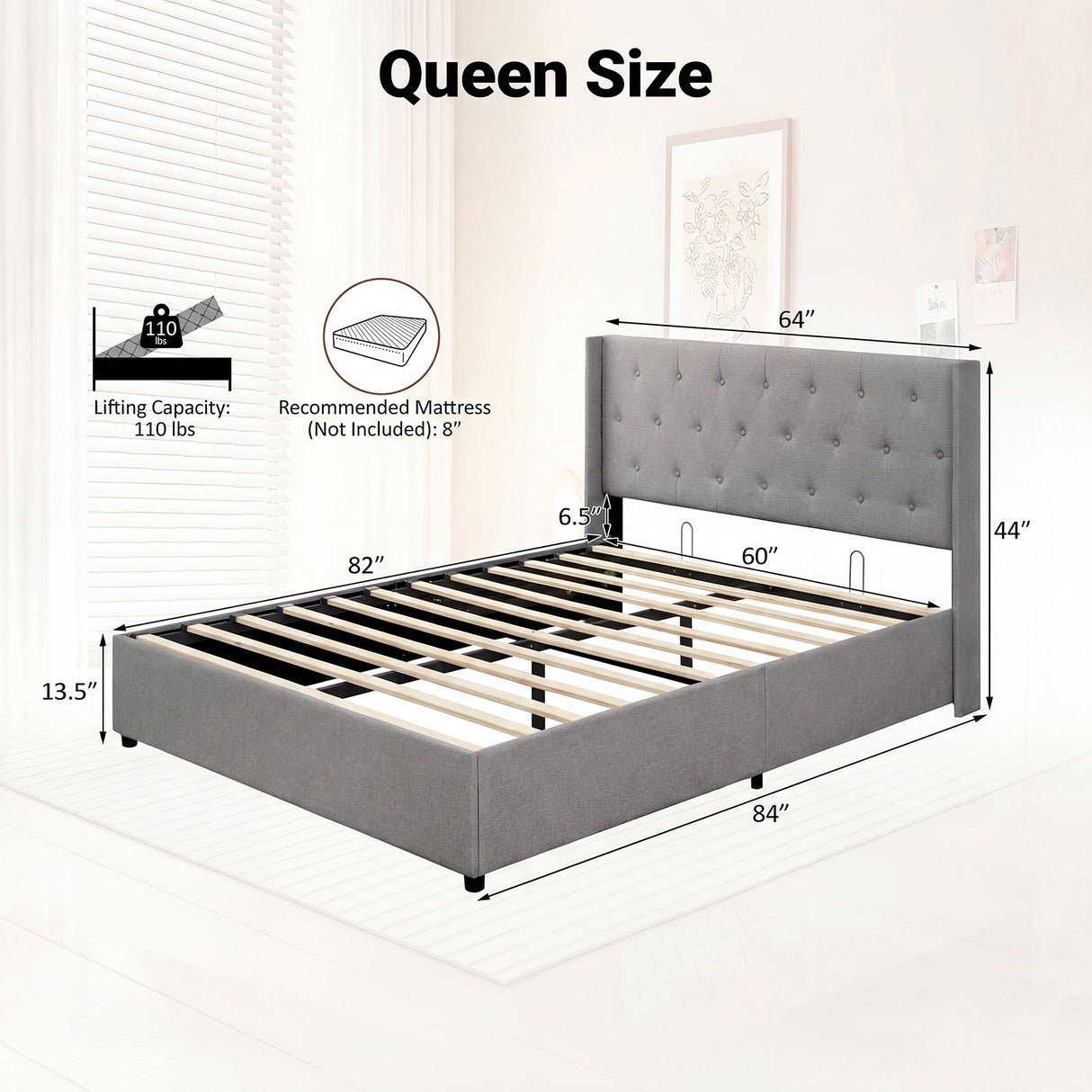 Queen Size Lift-up Storage Bed Modern Linen Upholstered Platform Bed-Gray