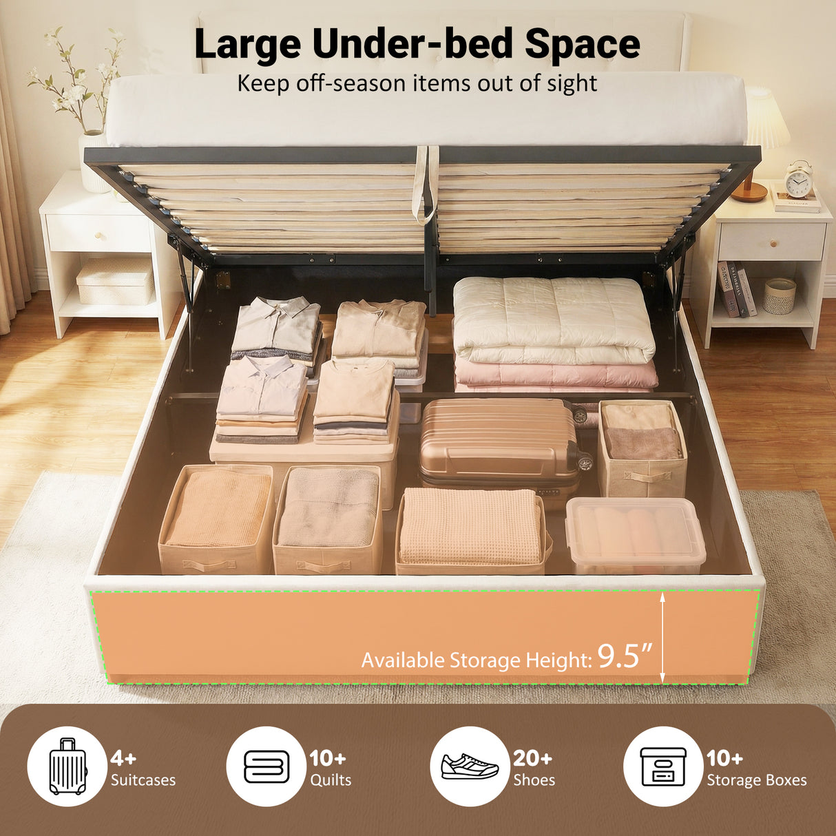 Queen Size Lift-up Storage Bed Modern Linen Upholstered Platform Bed-Beige