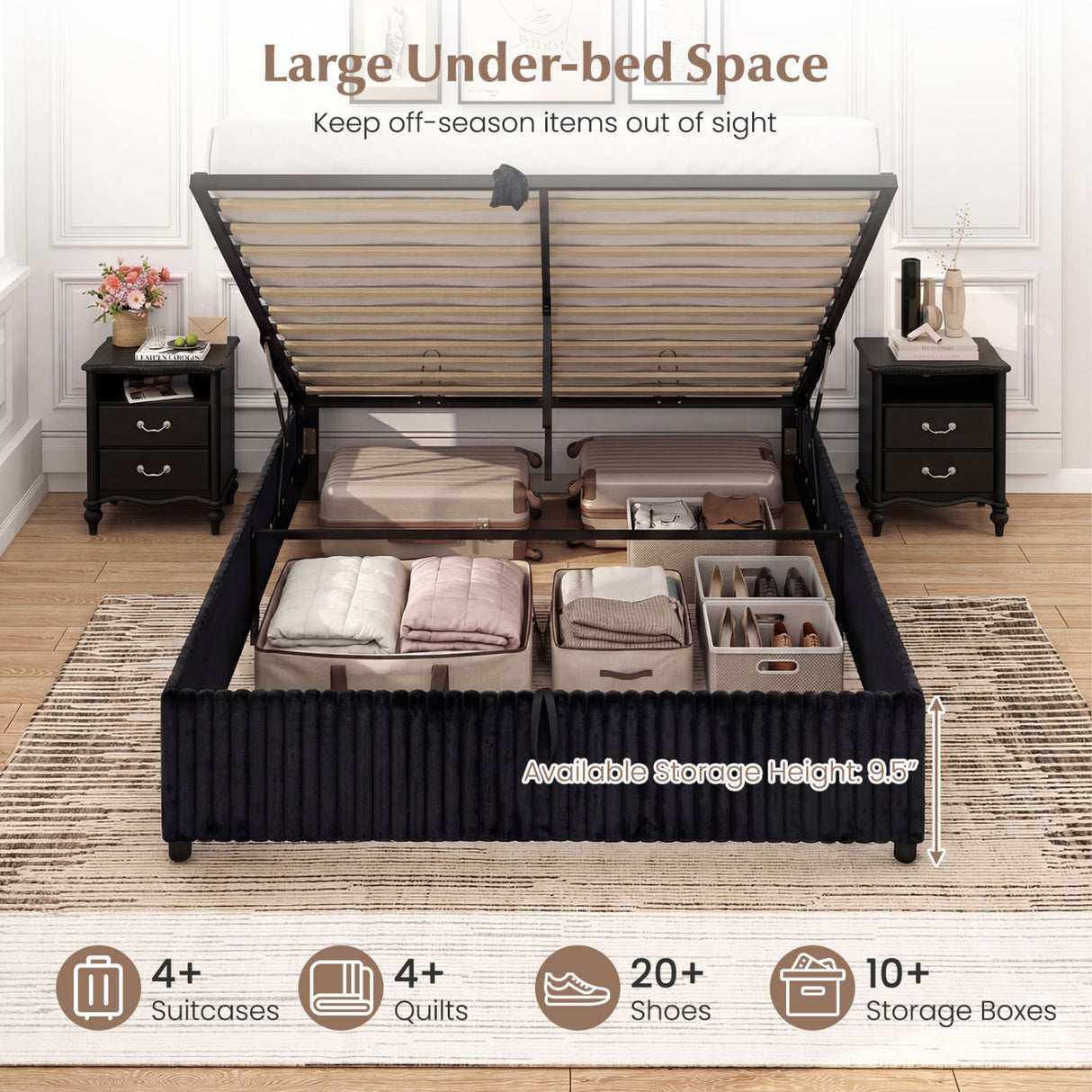 Queen Size Lift-up Storage Bed with Wooden Slat Support-Black