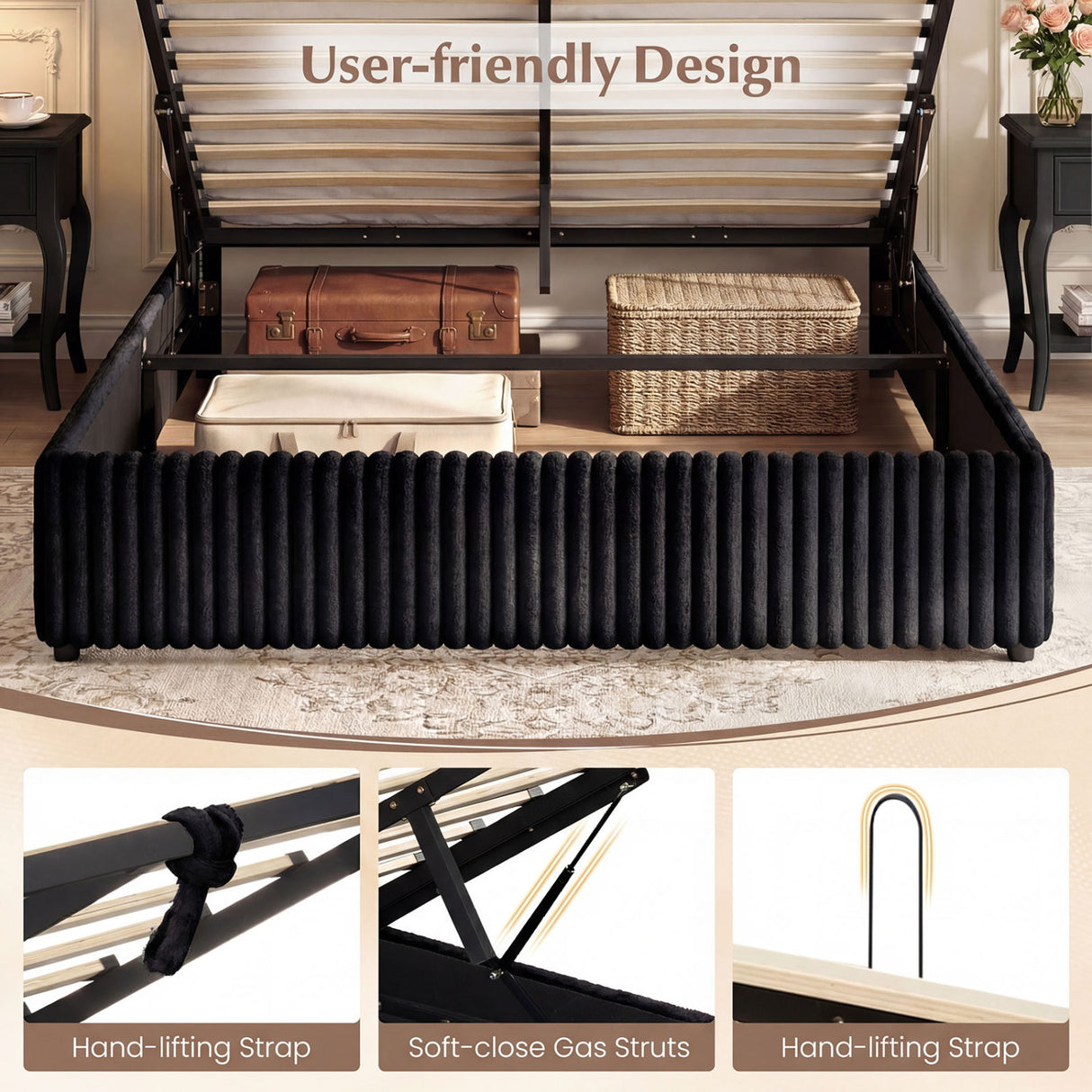 Queen Size Lift-up Storage Bed with Wooden Slat Support-Black
