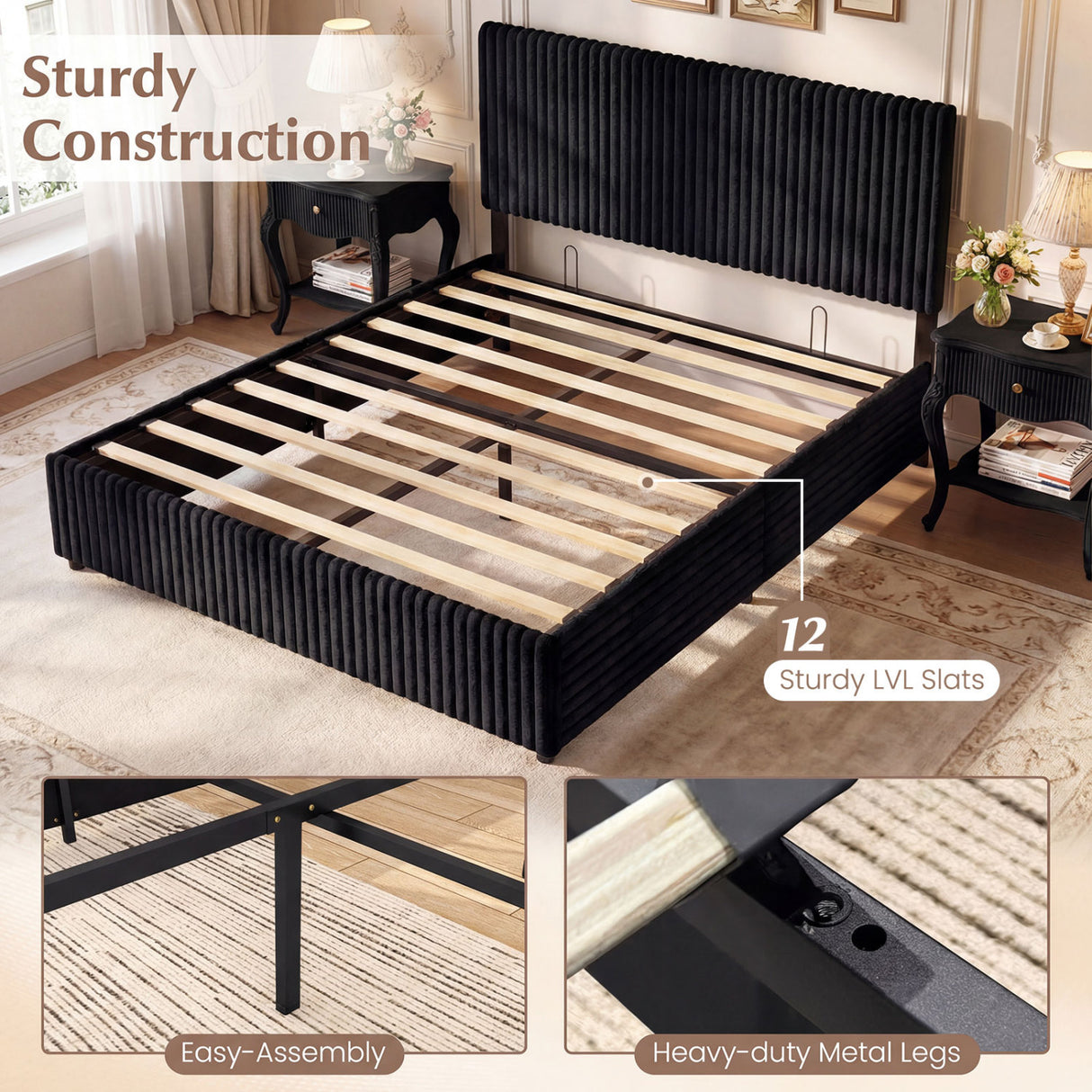 Queen Size Lift-up Storage Bed with Wooden Slat Support-Black