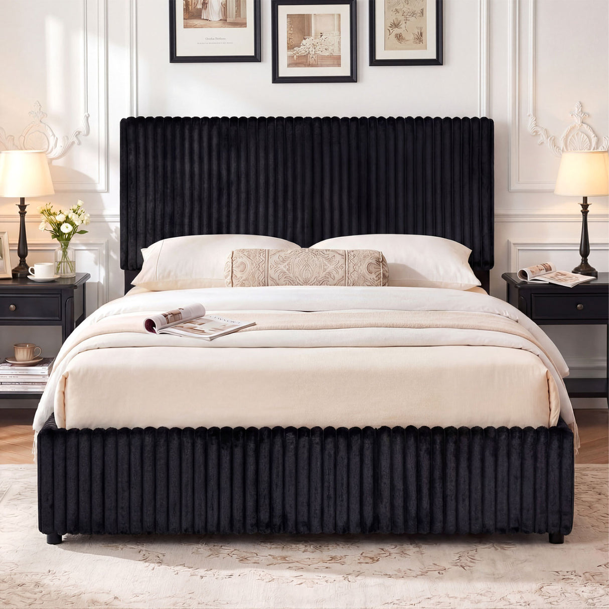 Queen Size Lift-up Storage Bed with Wooden Slat Support-Black
