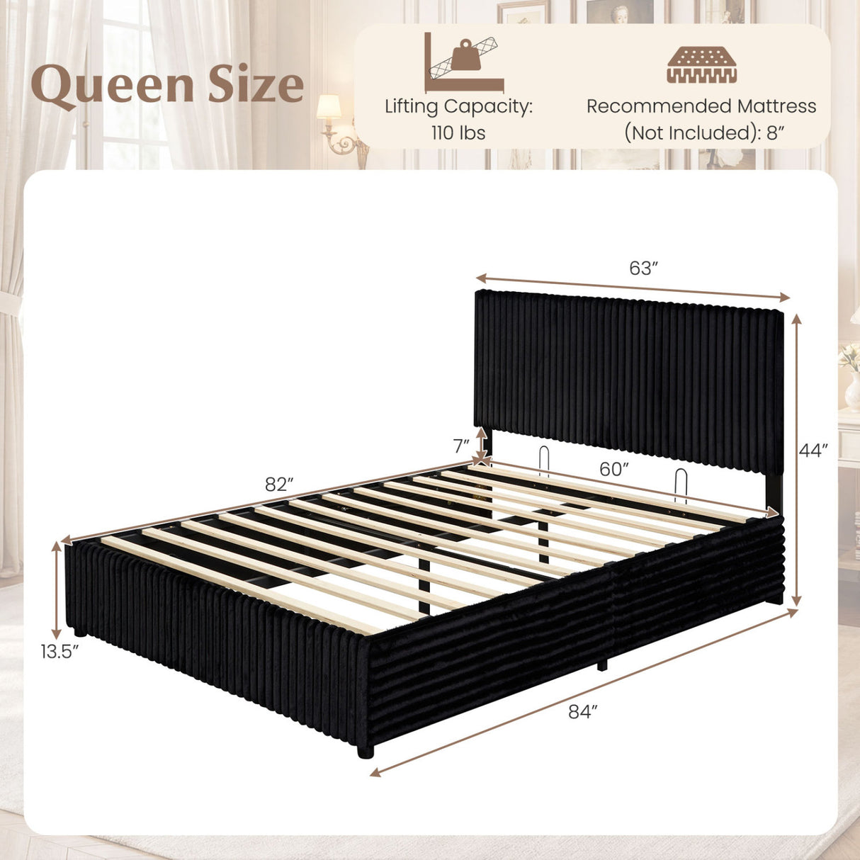 Queen Size Lift-up Storage Bed with Wooden Slat Support-Black