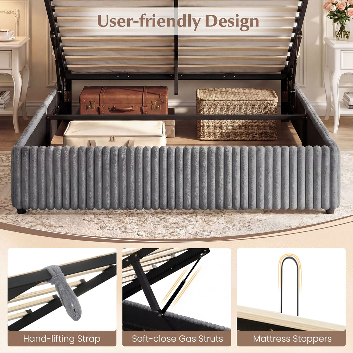 Queen Size Lift-up Storage Bed with Wooden Slat Support-Gray