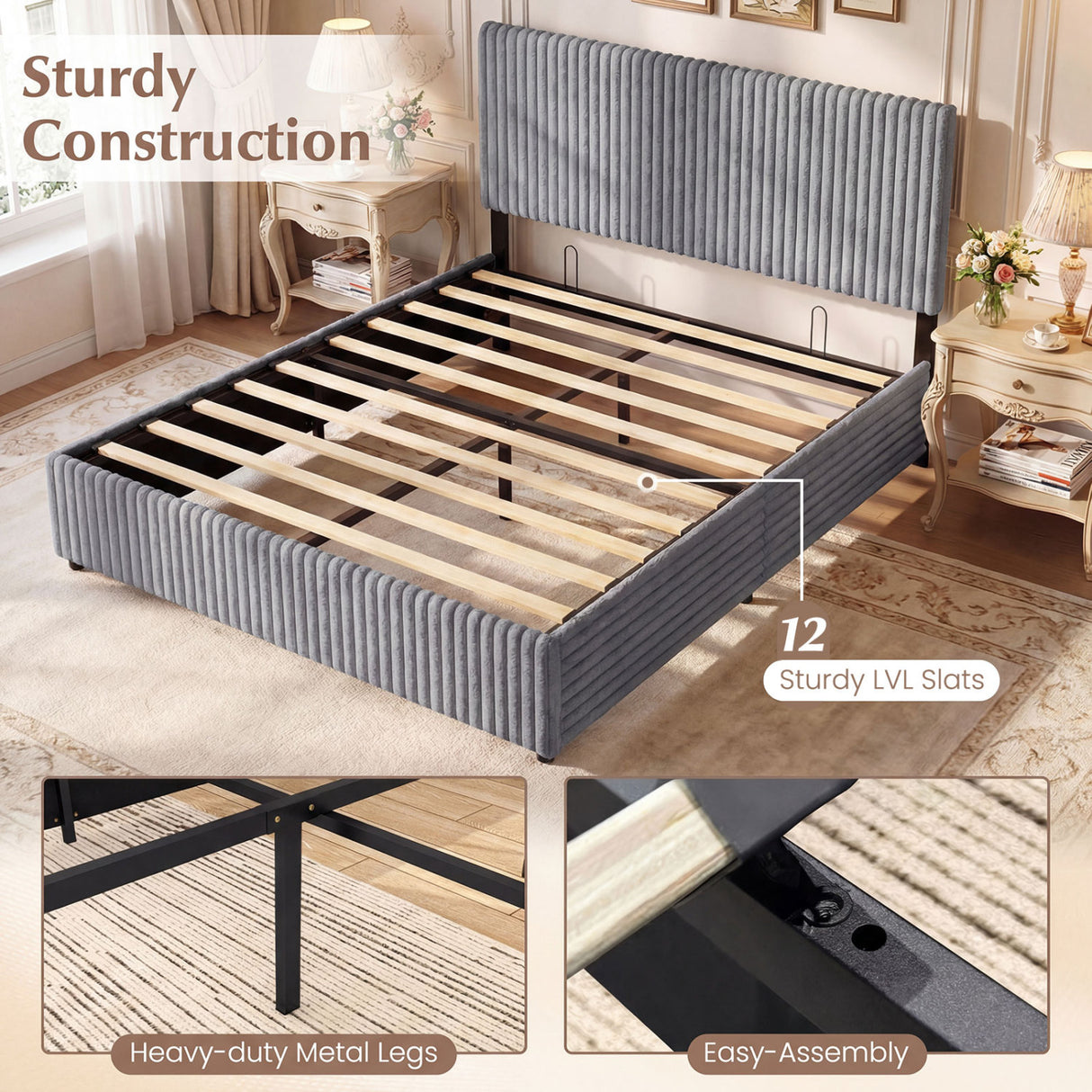 Queen Size Lift-up Storage Bed with Wooden Slat Support-Gray