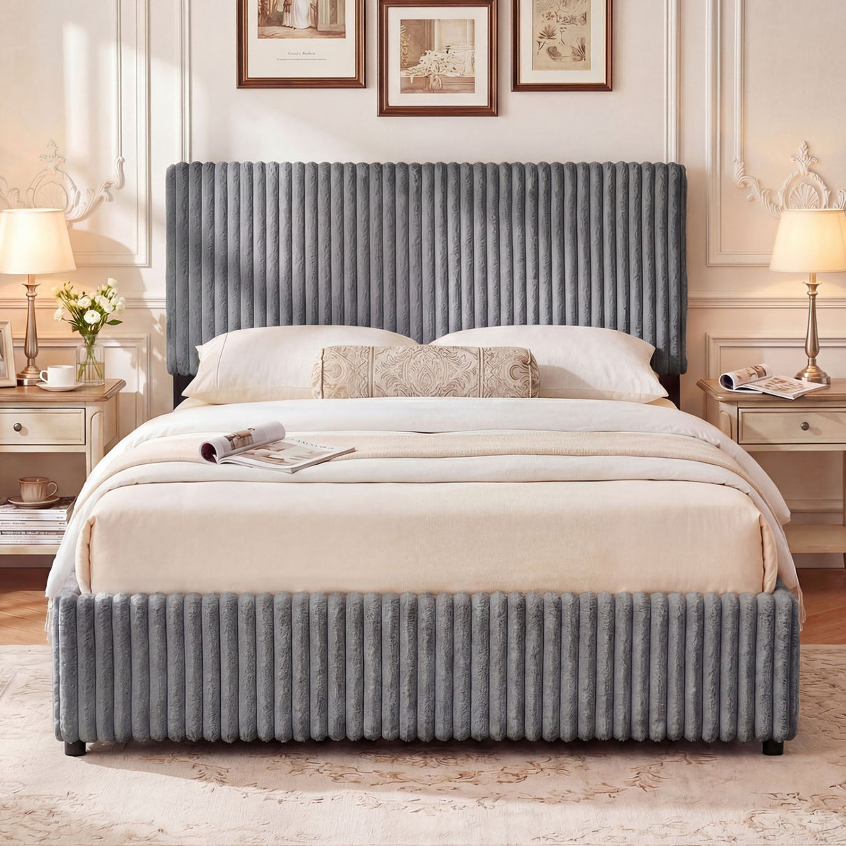 Queen Size Lift-up Storage Bed with Wooden Slat Support-Gray
