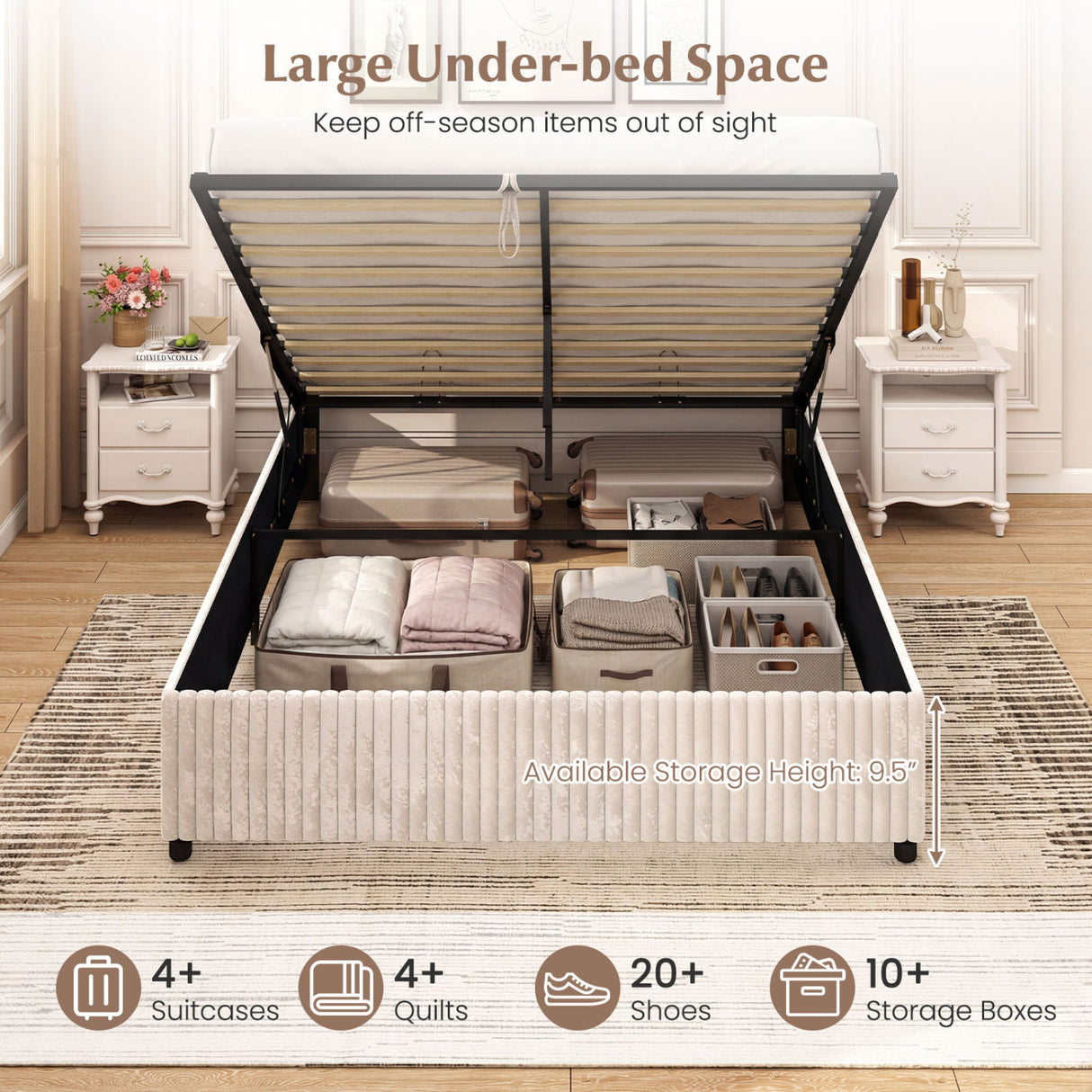 Queen Size Lift-up Storage Bed with Wooden Slat Support-Beige