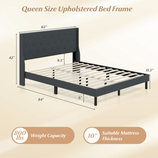 Queen Size Upholstered Bed Frame with Button Tufted Wingback Headboard and Wooden Slats Support Mattress Foundation-Gray