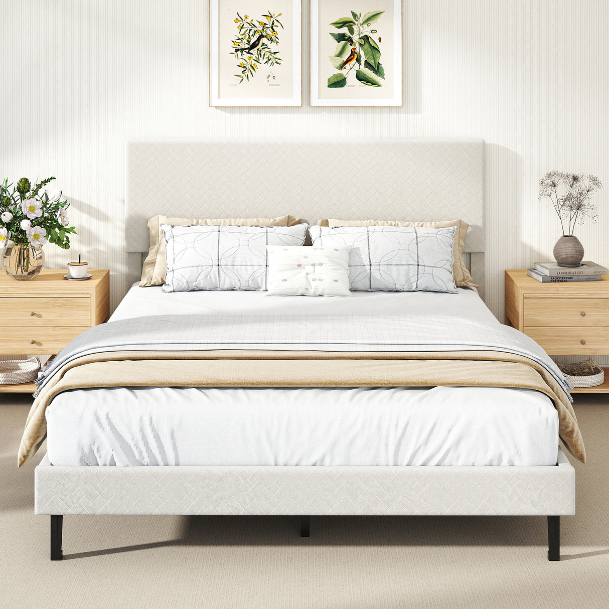 Queen Size Velvet Bed Frame Upholstered Platform Bed with Chevron Headboard Beige