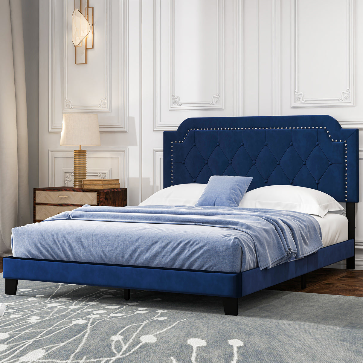 Queen Size Velvet Platform Bed with Button Tufted and Nailhead Trim Headboard-Queen Size