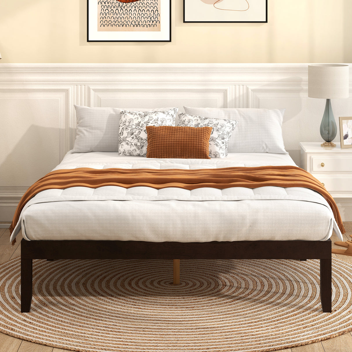 Queen Size Wood Bed Frame with Wooden Slats Support and Rubber Wood Legs-Espresso