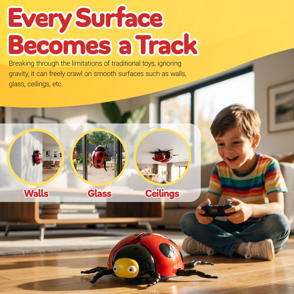 Contixo RC7 Ladybug Wall Climbing Remote Control Car for Kids, 2.4GHz RC Stunt Car Crawls on Walls, Glass & Ceilings, 360° Spins, LED Lights, Rechargeable Flying Bug Toy for Boys & Girls Ages 8+
