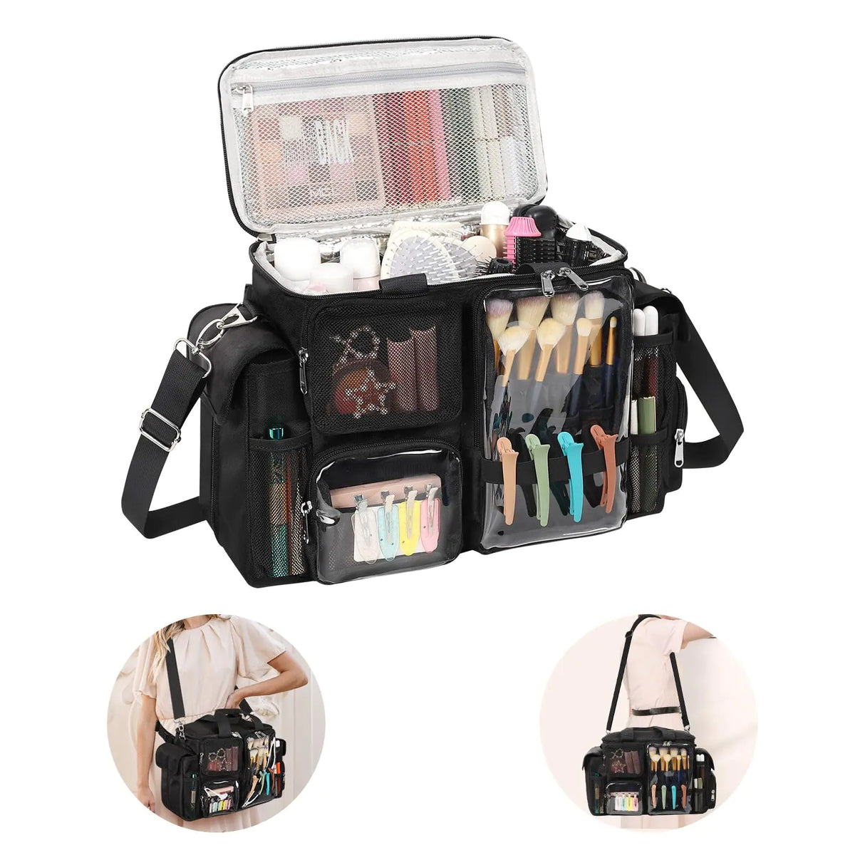 Hairstylist Traveling Bag Hair Tool Organizer Hairdresser Bag with Adjustable Dividers Hair Tools Travel Bag with Multi Pockets Hairdressing Bag Makeup Artist Bag with Shoulder Strap & Waist Strap