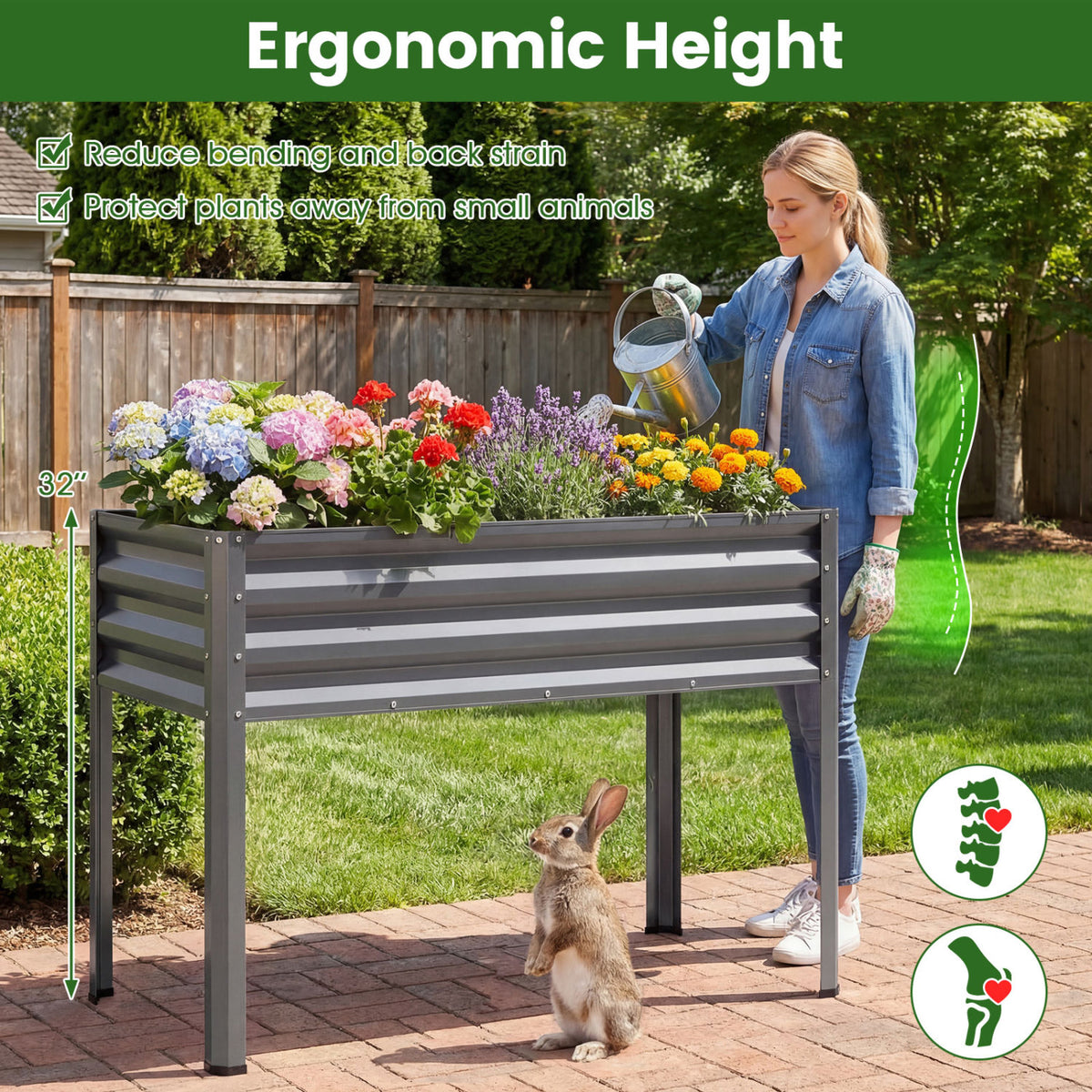 Raised Garden Bed Set of 2 Electro-Coating Metal Large Elevated Planter Box-Grey