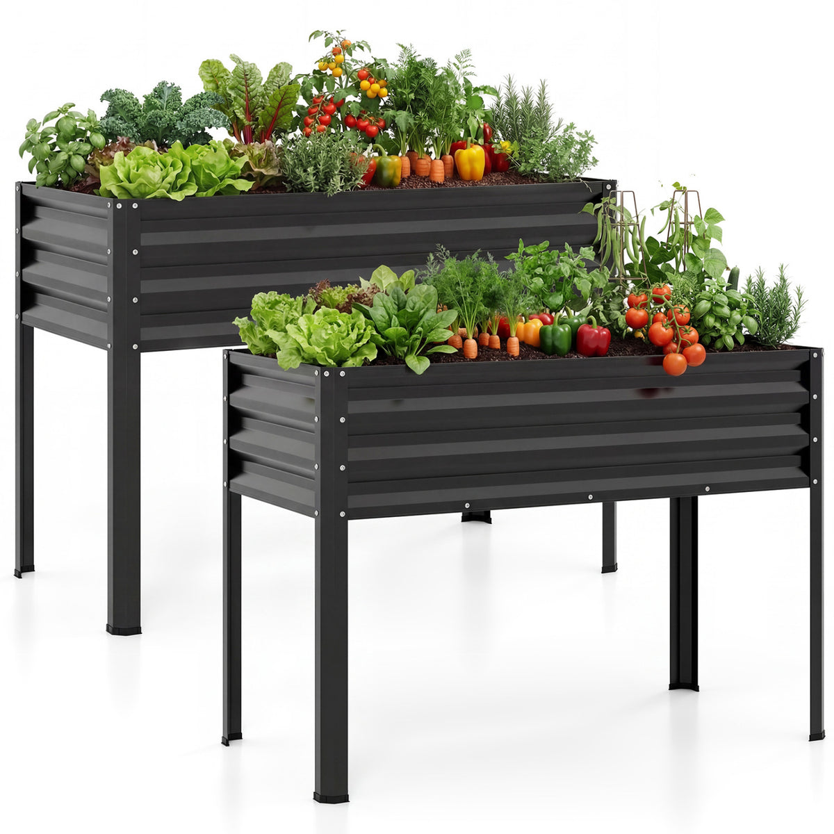 Raised Garden Bed Set of 2 Electro-Coating Metal Large Elevated Planter Box-Black