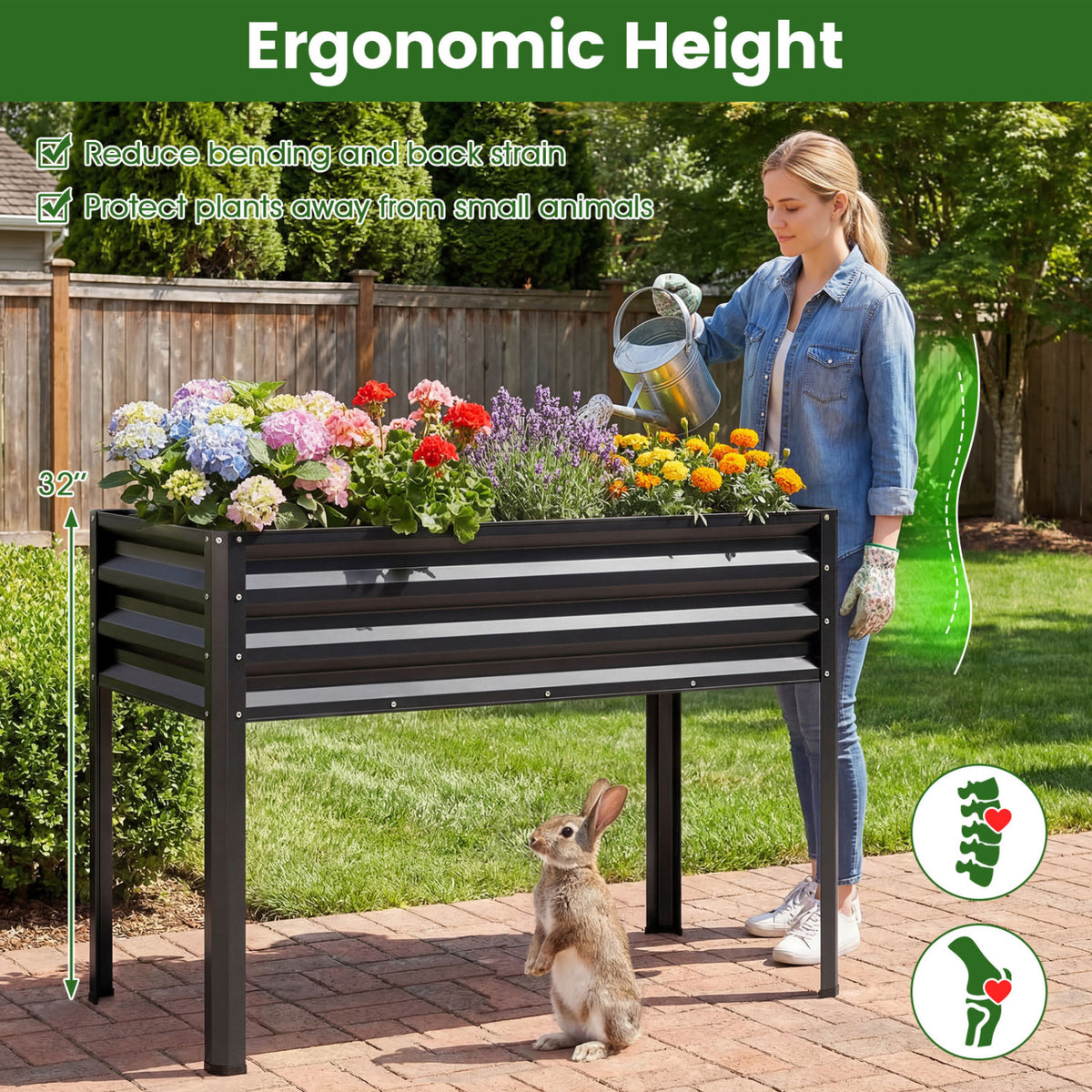 Raised Garden Bed Set of 2 Electro-Coating Metal Large Elevated Planter Box-Black