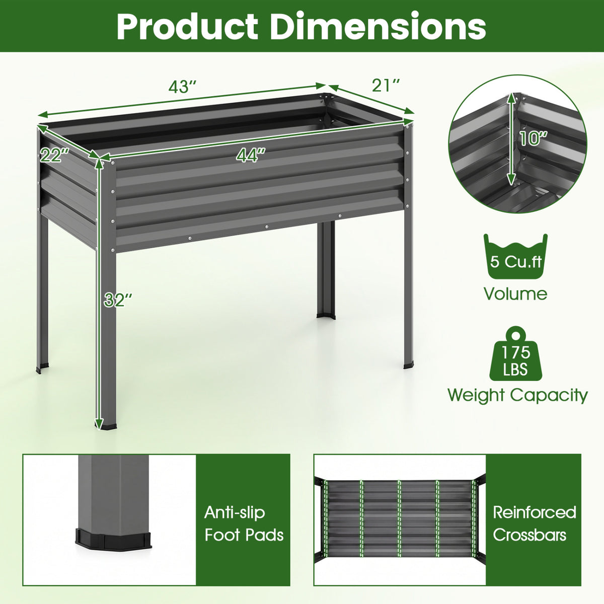 Raised Garden Bed with Legs Electro-Coating Metal Large Elevated Planter Box-Grey
