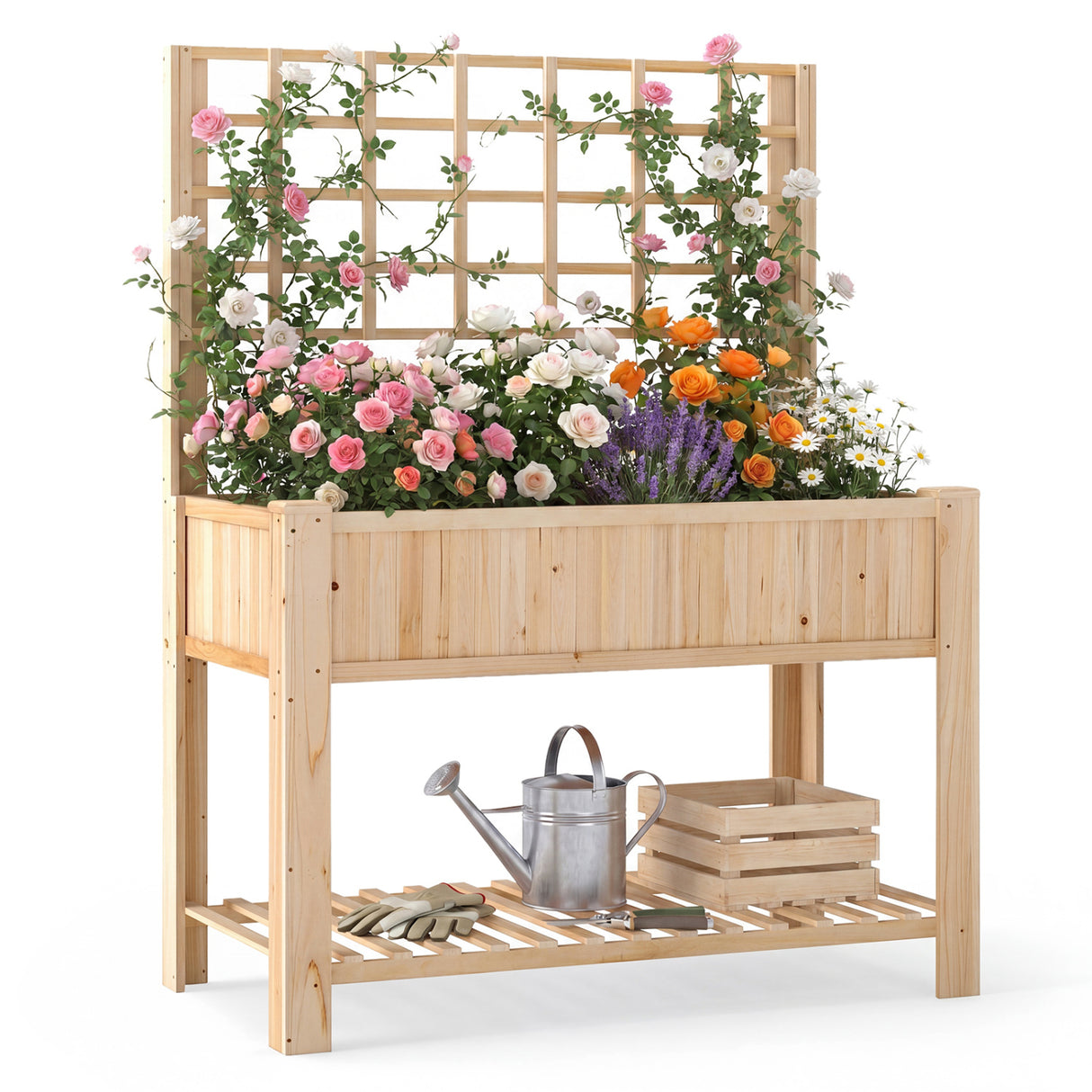 Raised Garden Bed with Trellis Wooden Elevated Planter Box with Legs-Natural