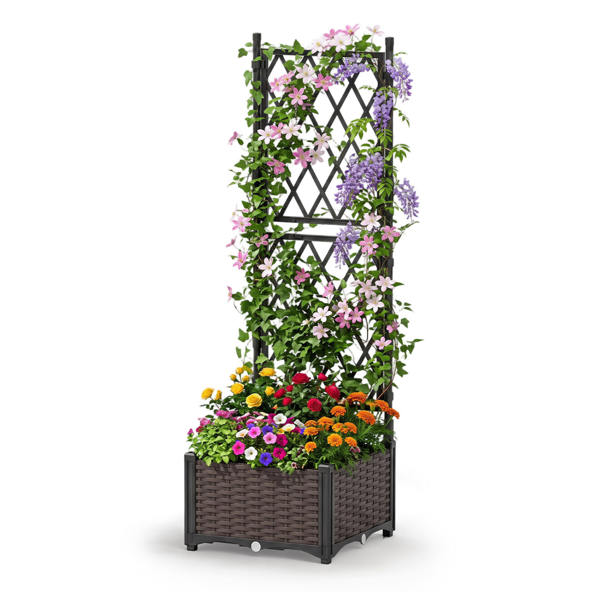 Raised Garden Bed with Lattice Trellis Drainage Self-Watering Elevated Vertical Planter Boxes-Black