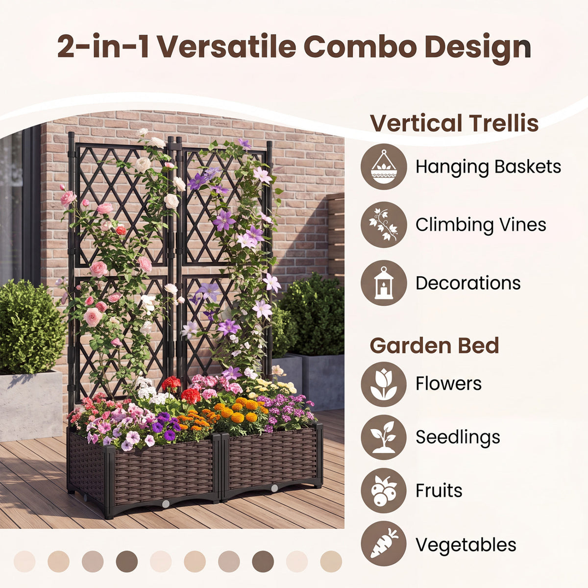 Raised Garden Bed with Lattice Trellis Drainage Self-Watering Elevated Vertical Planter Boxes-Black