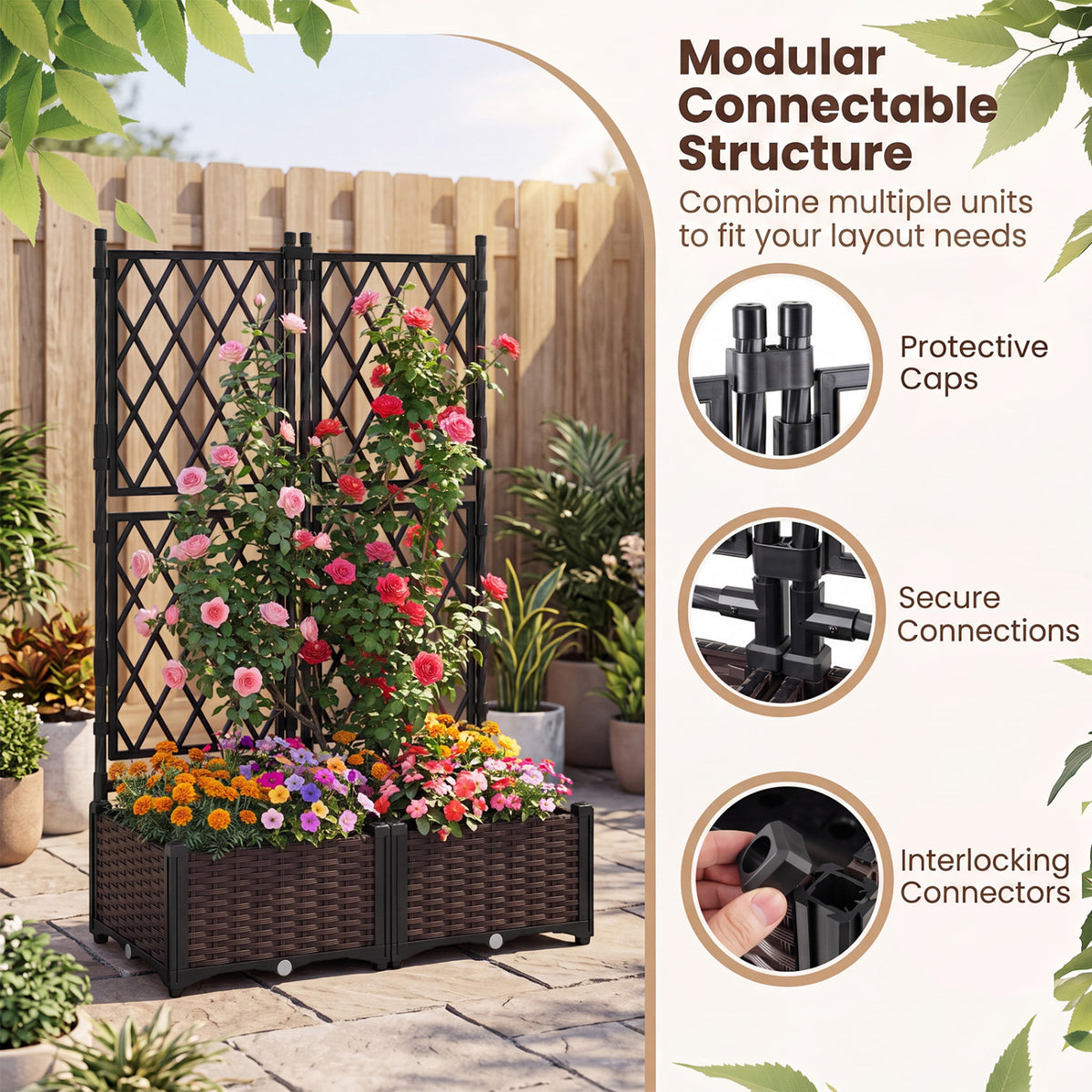 Raised Garden Bed with Lattice Trellis Drainage Self-Watering Elevated Vertical Planter Boxes-Black