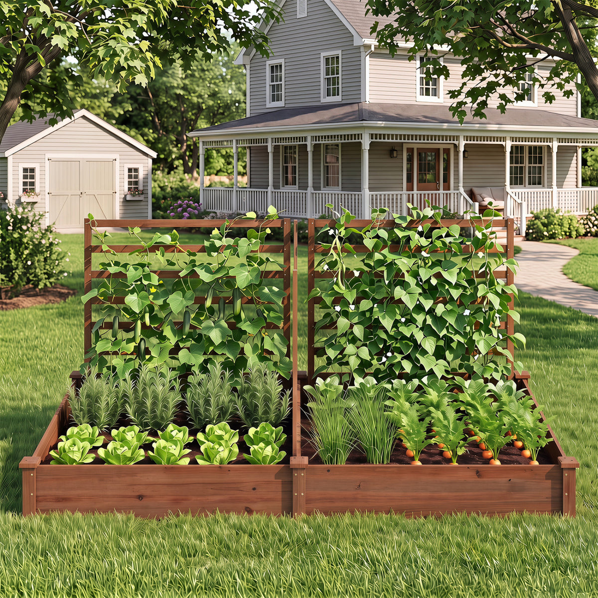 Raised Garden Bed with 2 Planter Boxes and 3 Trellis-Brown