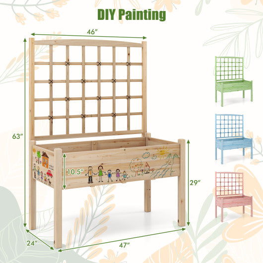 Raised Garden Bed with Lattice Trellis and Drainage Holes Elevated-Natural