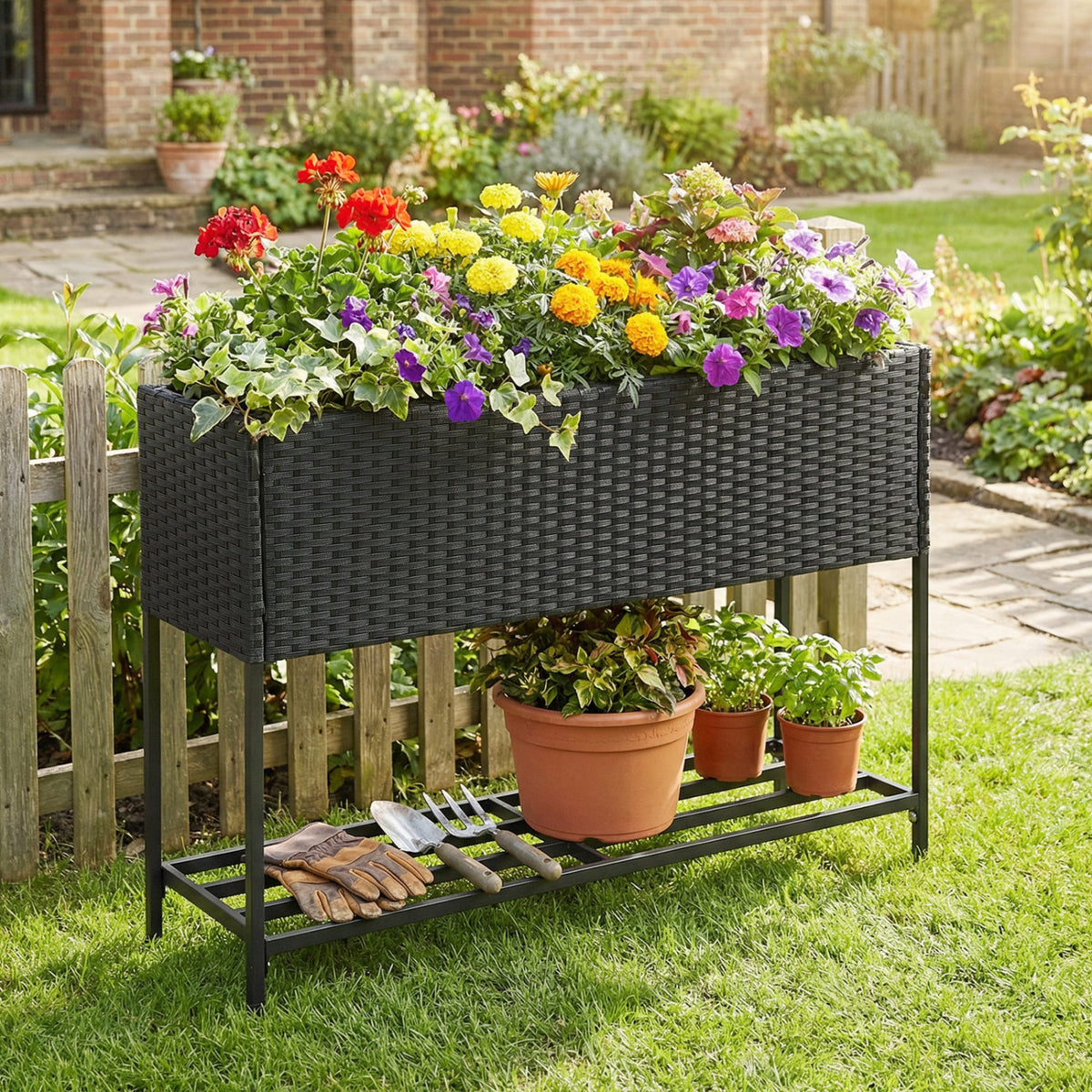 Raised Wicker Garden Bed with Storage Shelf and Removable Liner-Black
