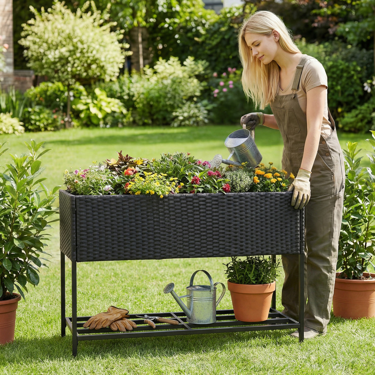 Raised Wicker Garden Bed with Storage Shelf and Removable Liner-Black