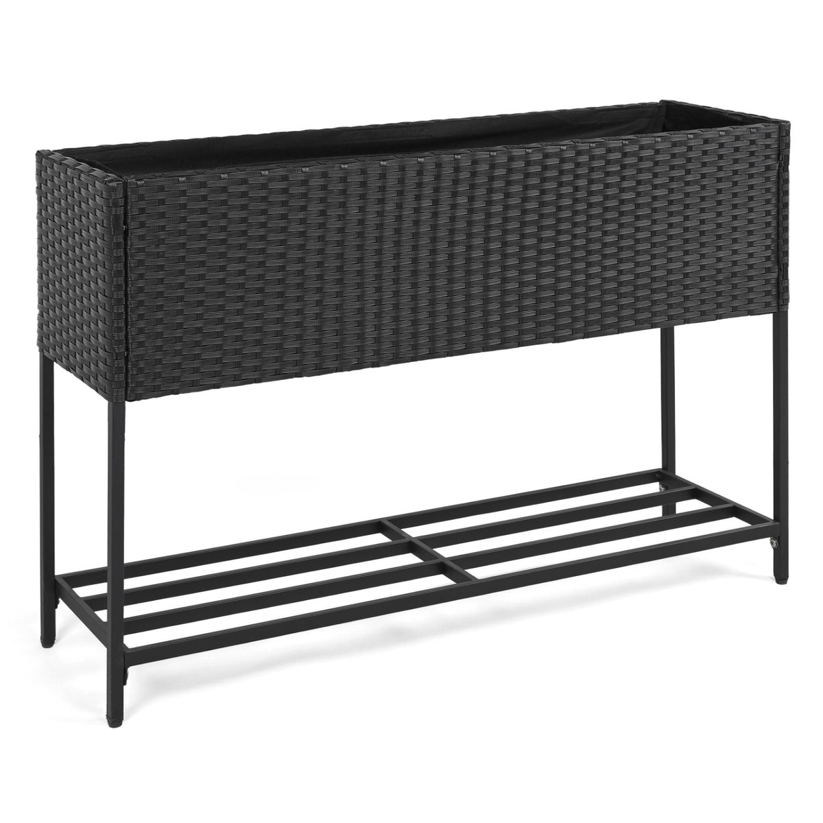 Raised Wicker Garden Bed with Storage Shelf and Removable Liner-Black