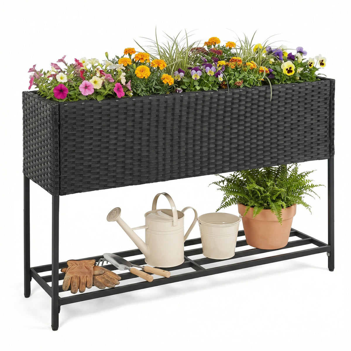 Raised Wicker Garden Bed with Storage Shelf and Removable Liner-Black