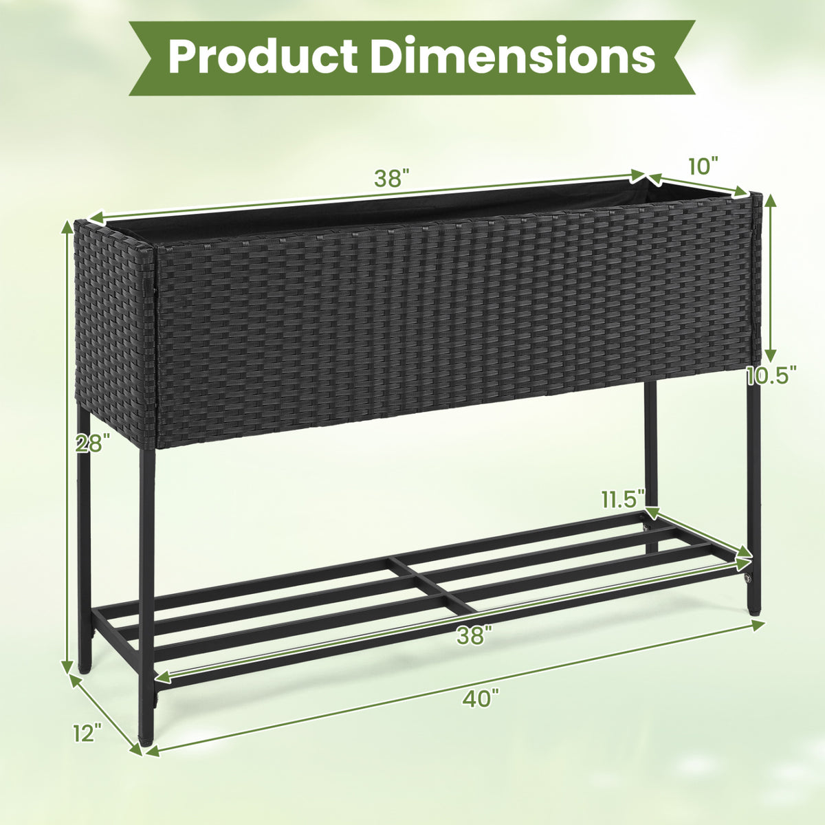 Raised Wicker Garden Bed with Storage Shelf and Removable Liner-Black