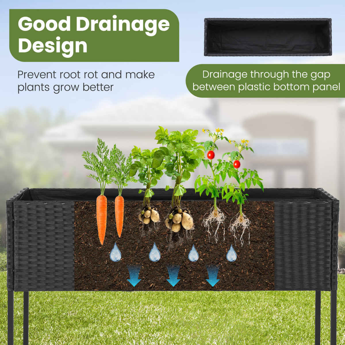 Raised Wicker Garden Bed with Storage Shelf and Removable Liner-Black