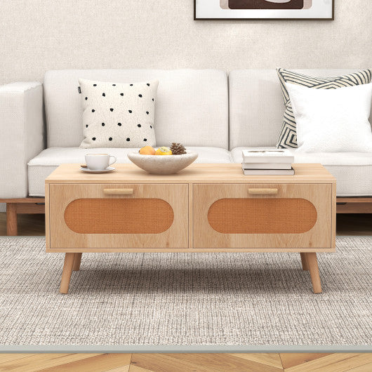 Rattan Coffee Table Mid Century Modern Center Table with 2 Storage Drawers-Natural