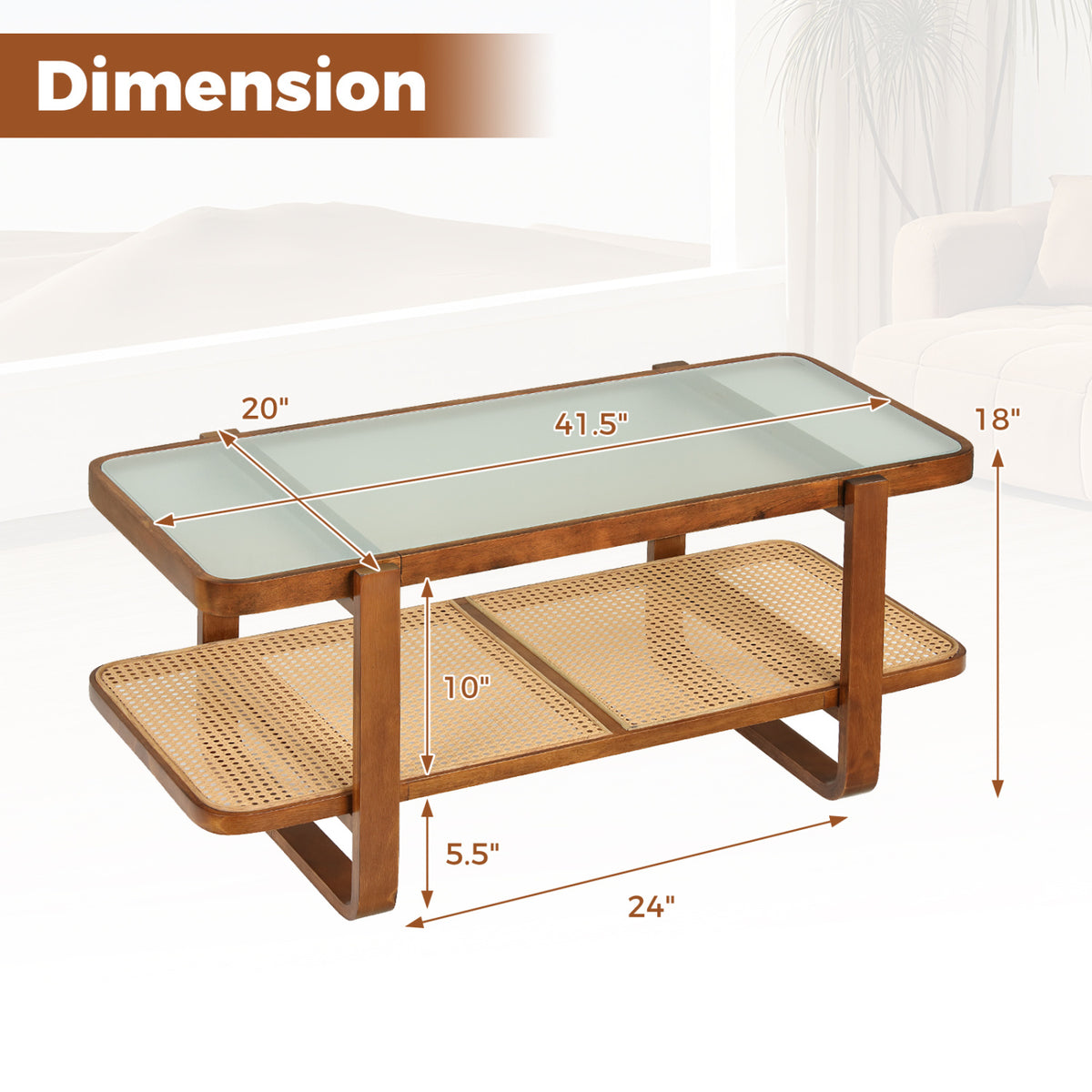 Rattan Coffee Table with Tempered Glass Top and Storage Shelf-Walnut