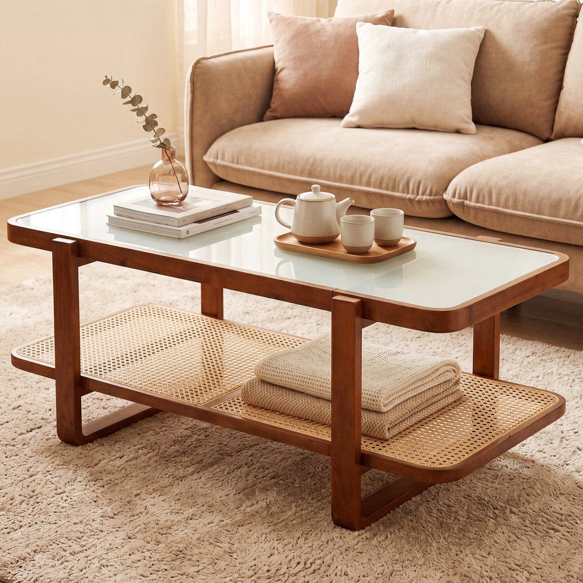 Rattan Coffee Table with Tempered Glass Top and Storage Shelf-Walnut