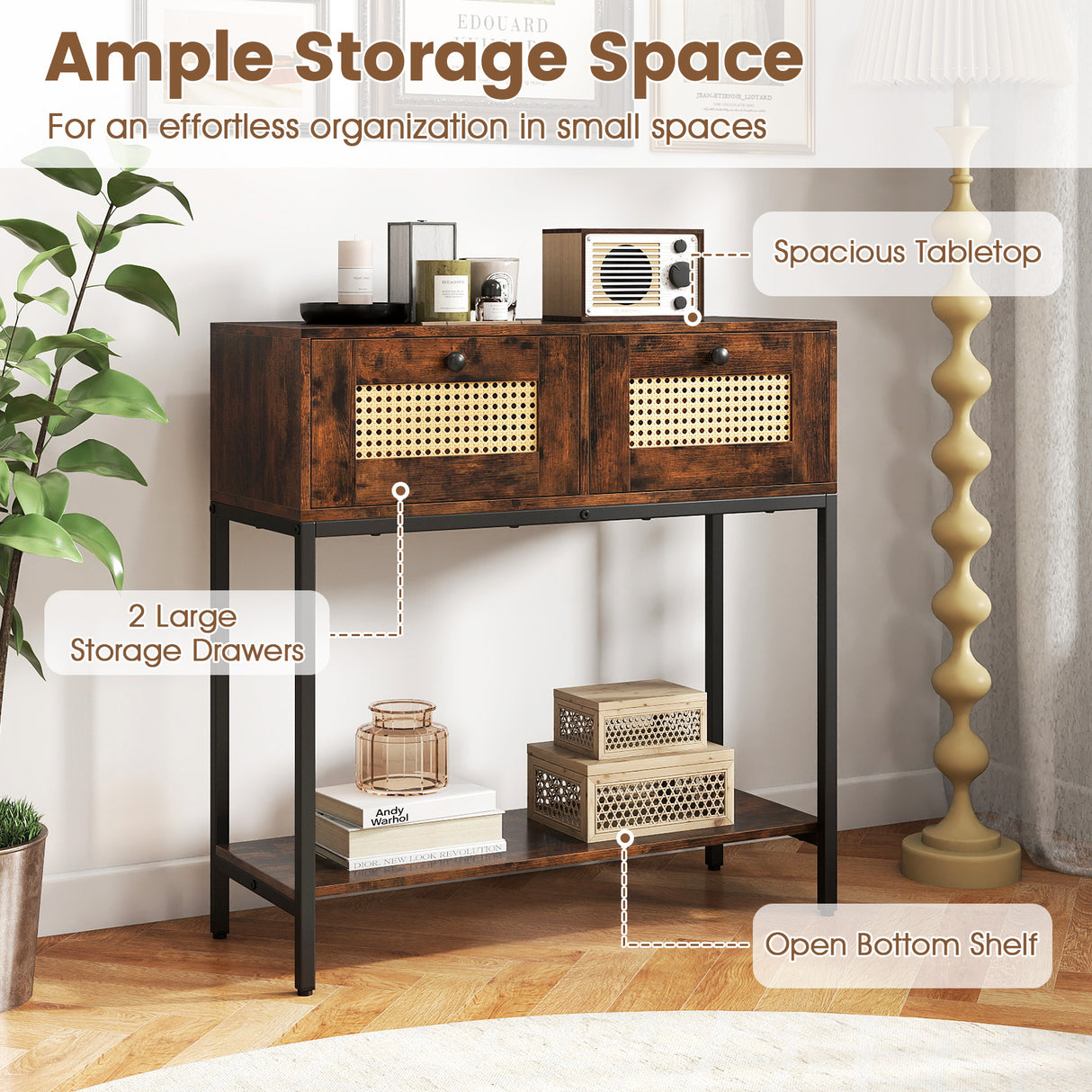 Rattan Console Table Boho Entryway Table with 2 Rattan Drawers and Open Storage Shelf-Rustic Brown