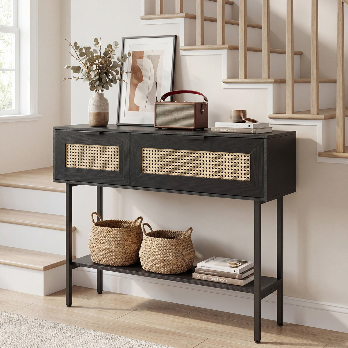 Rattan Console Table with 2 Storage Cabinets Shelf Carbon Steel Frame-Black