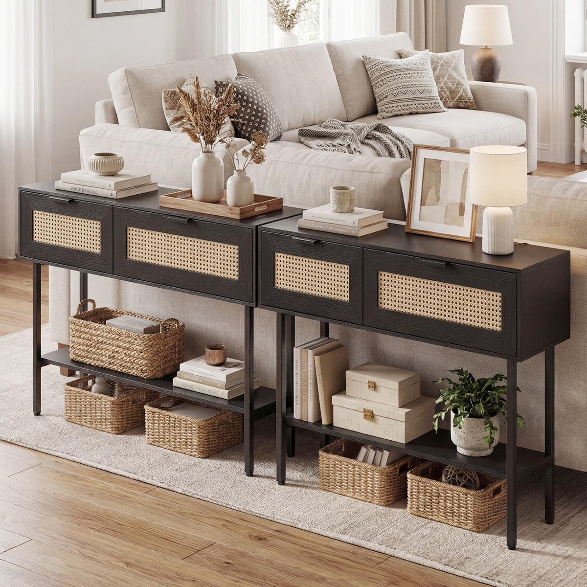 Rattan Console Table with 2 Storage Cabinets Shelf Carbon Steel Frame-Black