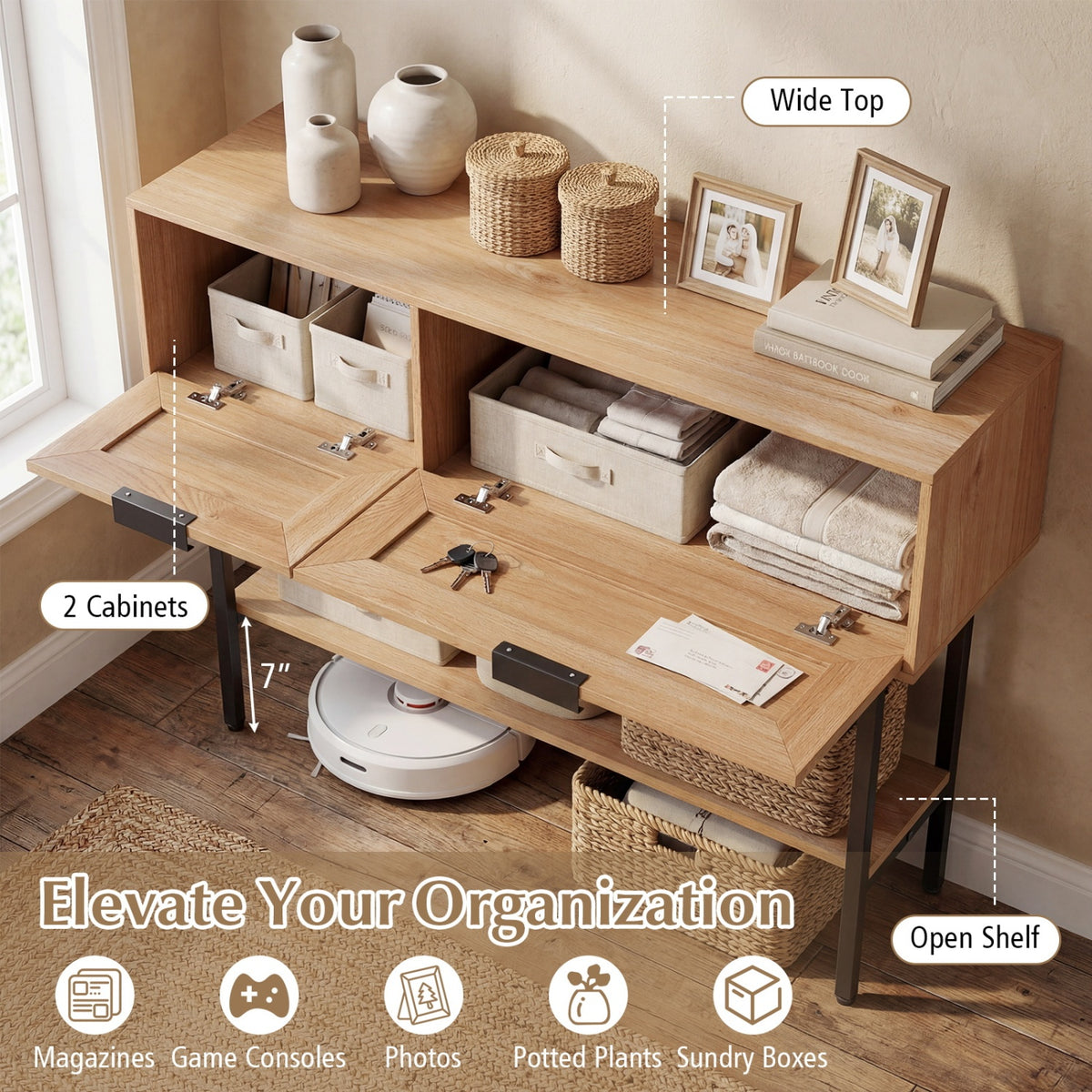 Rattan Console Table with 2 Storage Cabinets Shelf Carbon Steel Frame-Natural