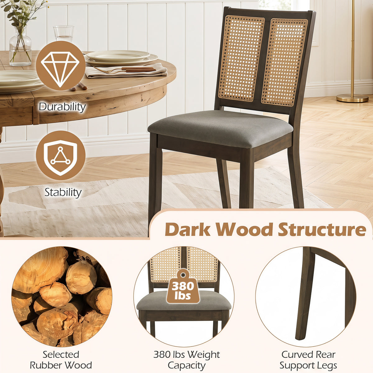 Rattan Dining Chairs Set of 2 with Curved Backrest & Padded Seat for Dining Room-Gray