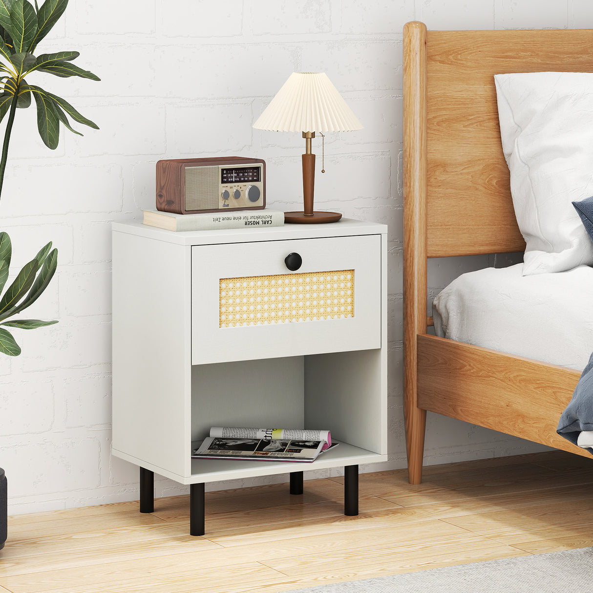 Rattan Nightstand Boho End Table with Rattan Drawer and Open Shelf Set of 2-White