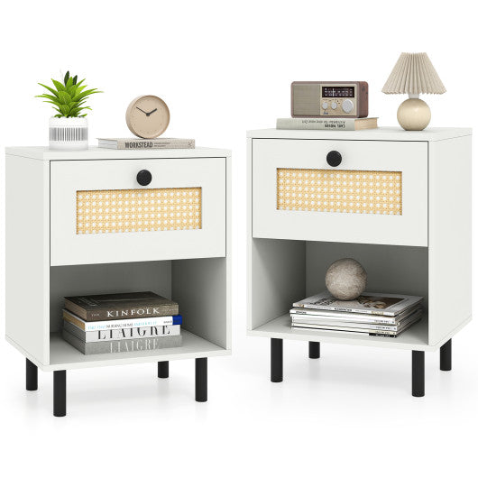 Rattan Nightstand Boho End Table with Rattan Drawer and Open Shelf Set of 2-White