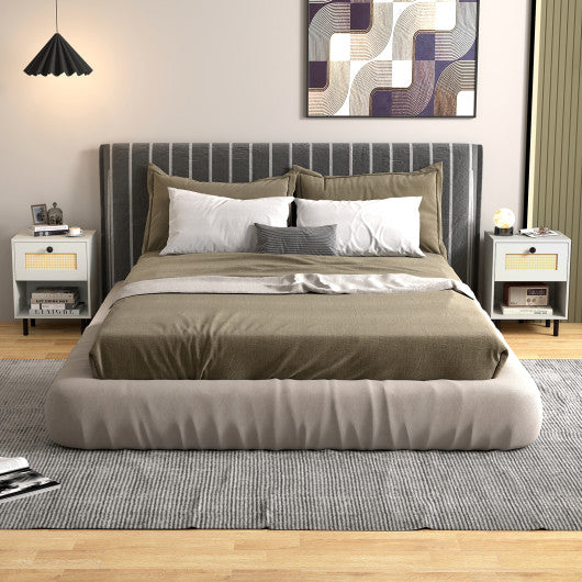 Rattan Nightstand Boho End Table with Rattan Drawer and Open Shelf Set of 2-White